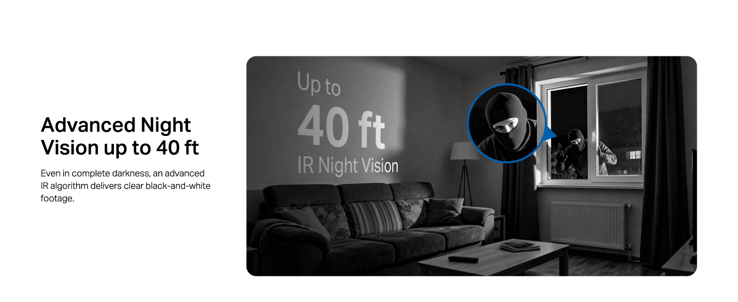 Text reads 'Advanced Night Vision up to 40 ft'. Dark security camera footage showing interior room view with infrared night vision capability.