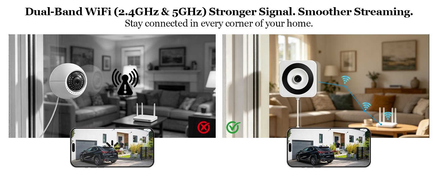 Text reads 'Used-Band WiFi 2.4 GHz & 2.5GHz | Stronger Signal, Smoother Streaming.' Split image shows cord/product application in two interior room settings with furniture.