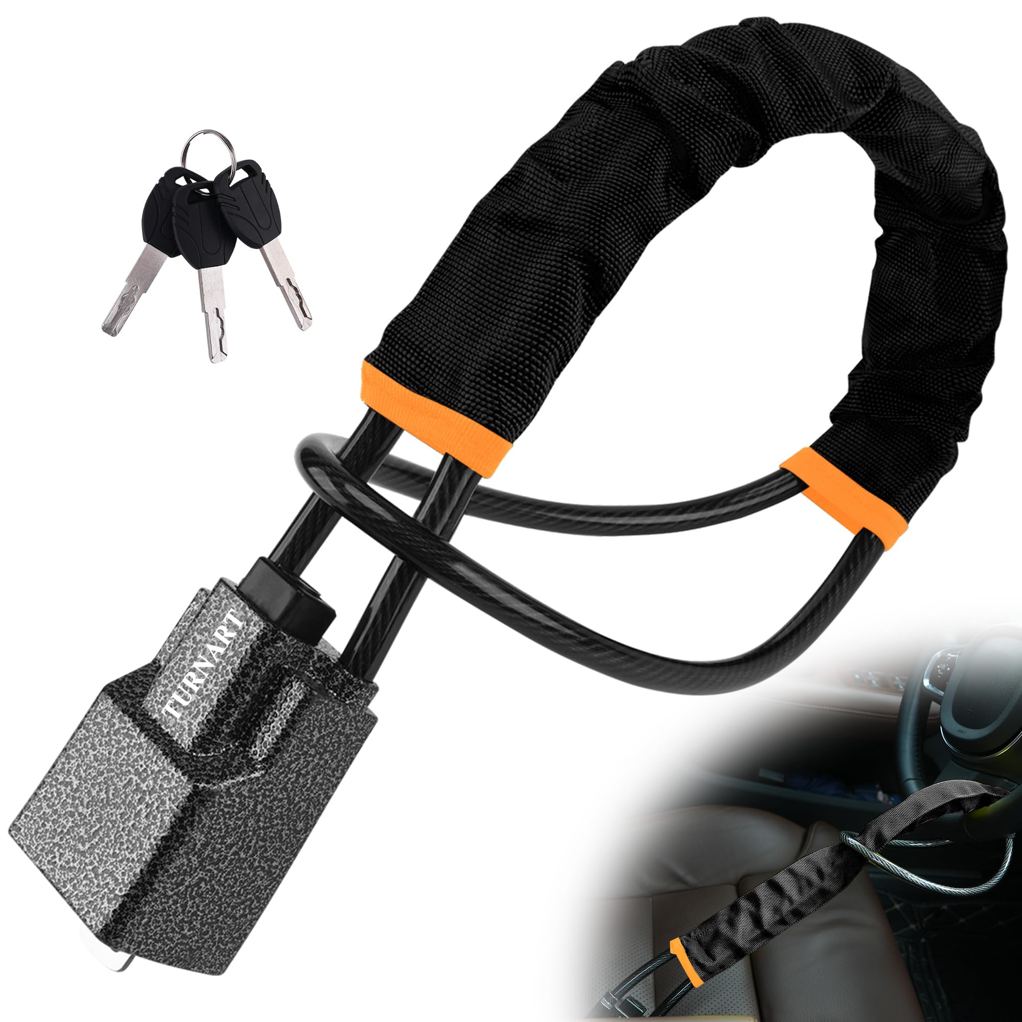 Turnart Steering Wheel Lock Seat Belt Lock Universal Fit Most Vehicles Sturdy Lock for Car Truck SUV Van Security with 3 Keys (Black)