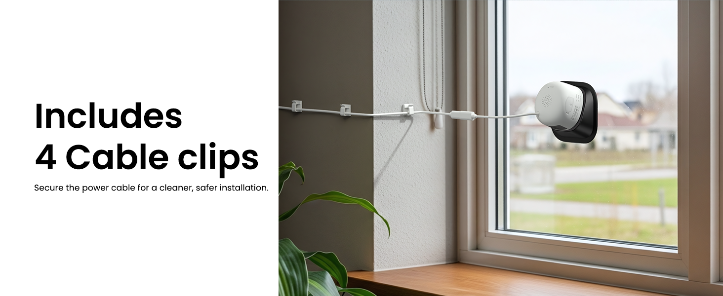 Text reads 'Includes 4 Cable clips'. White cable management clips attached to window frame with cords organized through them, mounted on white interior wall near window.