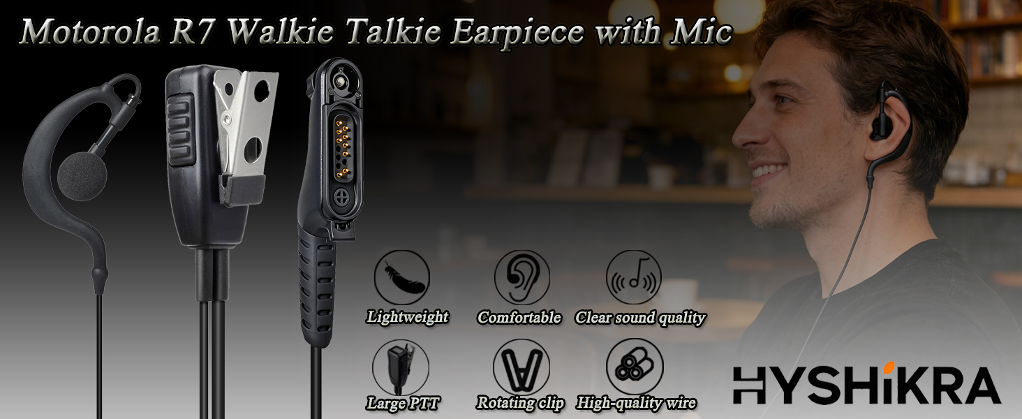 Text reads 'Motorola R7 Walkie Talkie Earpiece with Mic' and 'HYSHIKRA'. Image shows professional two-way radio communications headset with microphone.