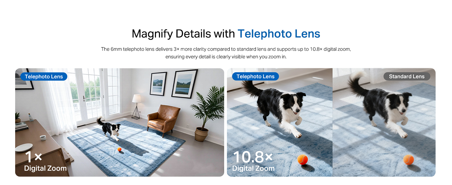 Text reads 'Magnify Details with Telephoto Lens'. Architectural or interior design images showing zoom capability comparison.