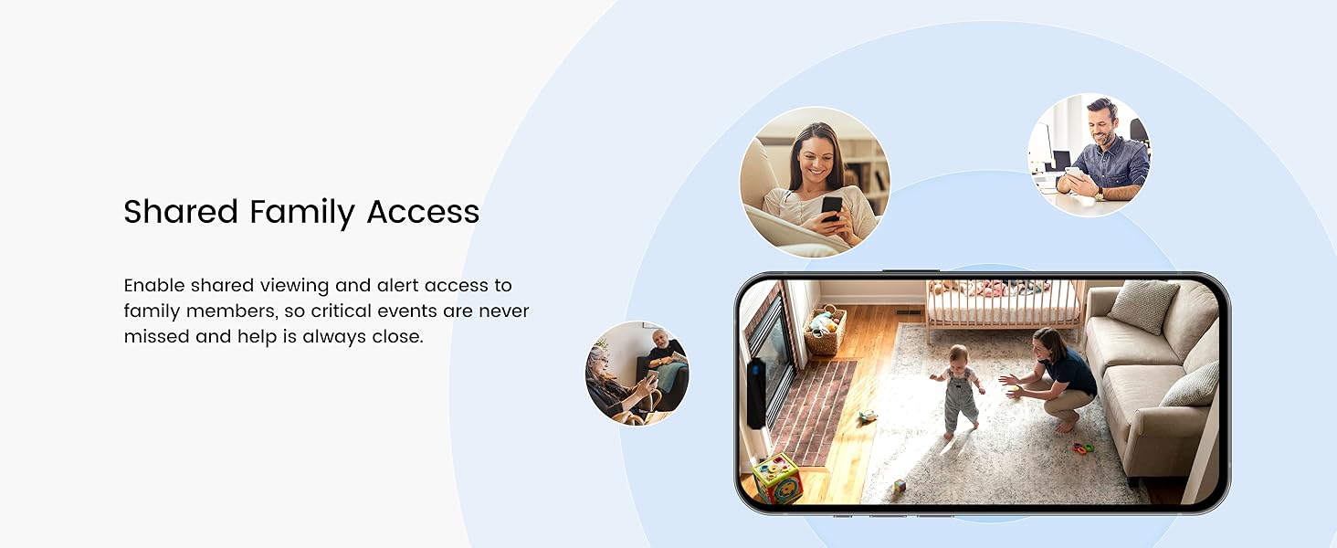 Text reads 'Shared Family Access' with subtext about family control features. Image shows smartphone displaying video call with multiple family members in thumbnail grid layout.