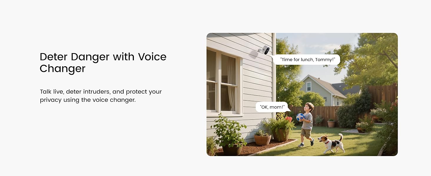 Text reads 'Deter Danger with Voice Changer' and 'You can intruders, and protect your privacy using the voice changer.' Split-panel image shows voice changer device on left, outdoor home security scene with family on right.