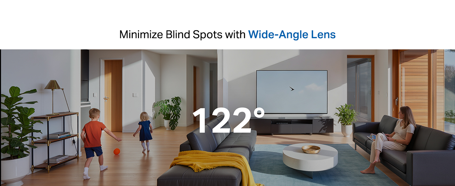 Text reads 'Minimise Blind Spots with Wide-Angle Lens 122°'. Multiple interior room shots showing wide-angle view of living spaces and furniture.