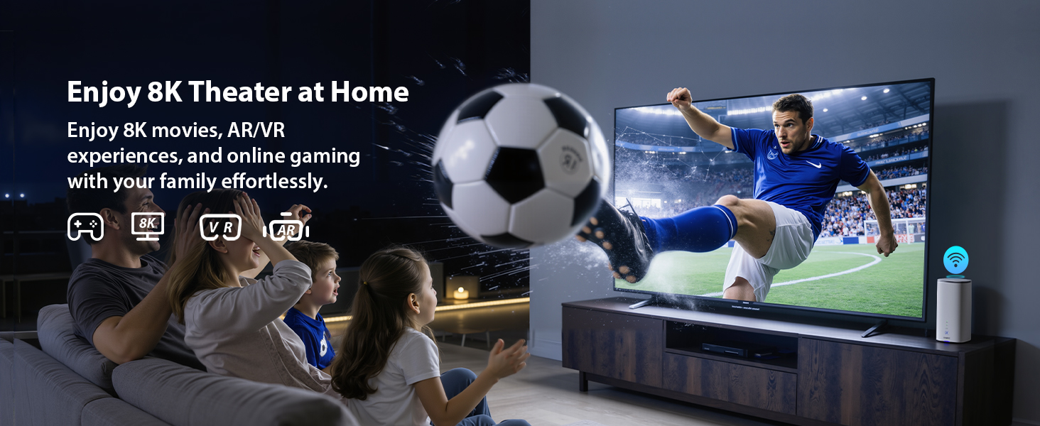 Text reads 'Enjoy 8K Theater at Home' with specifications 'Hame RM-overse, ATVR6' and additional technical details. Home theater setup displaying soccer match on large screen with seating and ambient lighting.
