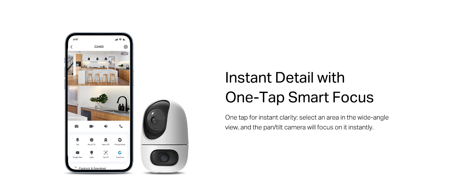 Text reads 'Instant Detail with One-Tap Smart Focus'. Smartphone displaying home interior images next to a small white security camera or monitoring device.