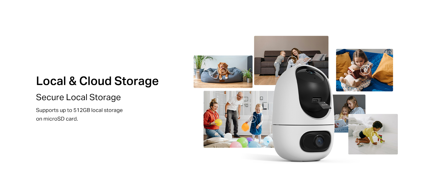 Text reads 'Local & Cloud Storage'. Product image showing security camera system with multiple panels displaying camera views and mobile device integration.