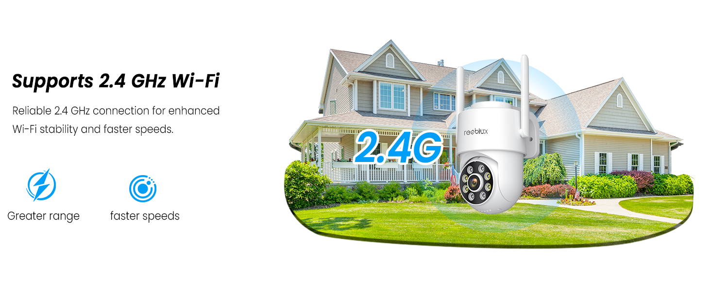 Text reads 'supports 2.4 Ghz Wi-Fi'. Illustration showing house exterior with wireless connectivity symbols