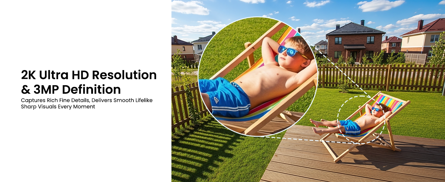 Text reads '2K Ultra HD Resolution & 5MP Definition'. Split image showing person lying in colorful hammock and waterside scene, demonstrating camera recording capabilities in outdoor settings.
