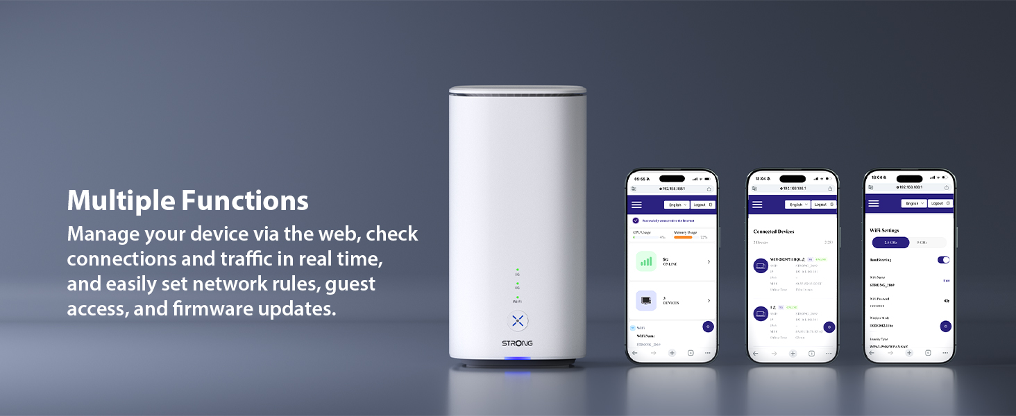 Text reads 'Multiple Functions' describing features. White cylindrical smart device with three mobile app interface screens displayed showing different function options and controls.