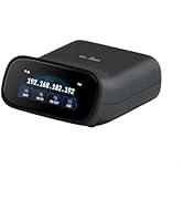 Black compact Wi-Fi router with two external antennas and front-facing digital display showing time