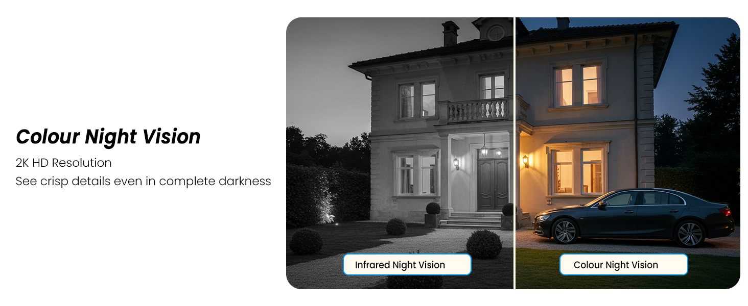 Exterior architectural photos showing before and after transformation of home lighting, contrasting dark and illuminated nighttime views.