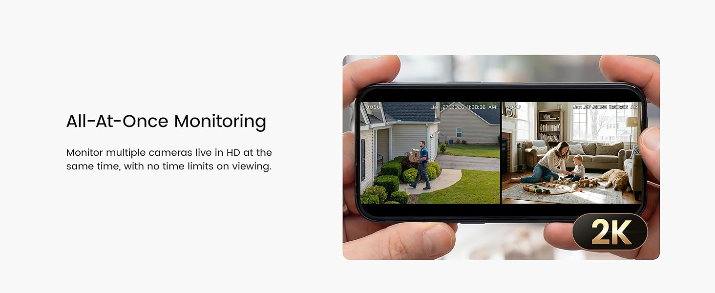 Text reads 'All-At-Once Monitoring' and '2K'. Compact monitoring device shown in hand with displayed 2K video feed of outdoor area on screen, indicating all-in-one surveillance capabilities.