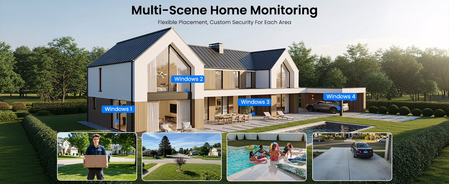 Text reads 'Security Camera' and 'See Outside Clearly Through Glass.' Features include 'Anti-Glare Arc Reflection,' '2K Clear Night Vision,' 'Cloud & Local Recording,' 'Human Detection,' '24/7 Recording,' '2.4GHz WiFi,' and 'HD Reminder.' White and black dome-shaped security camera displayed.