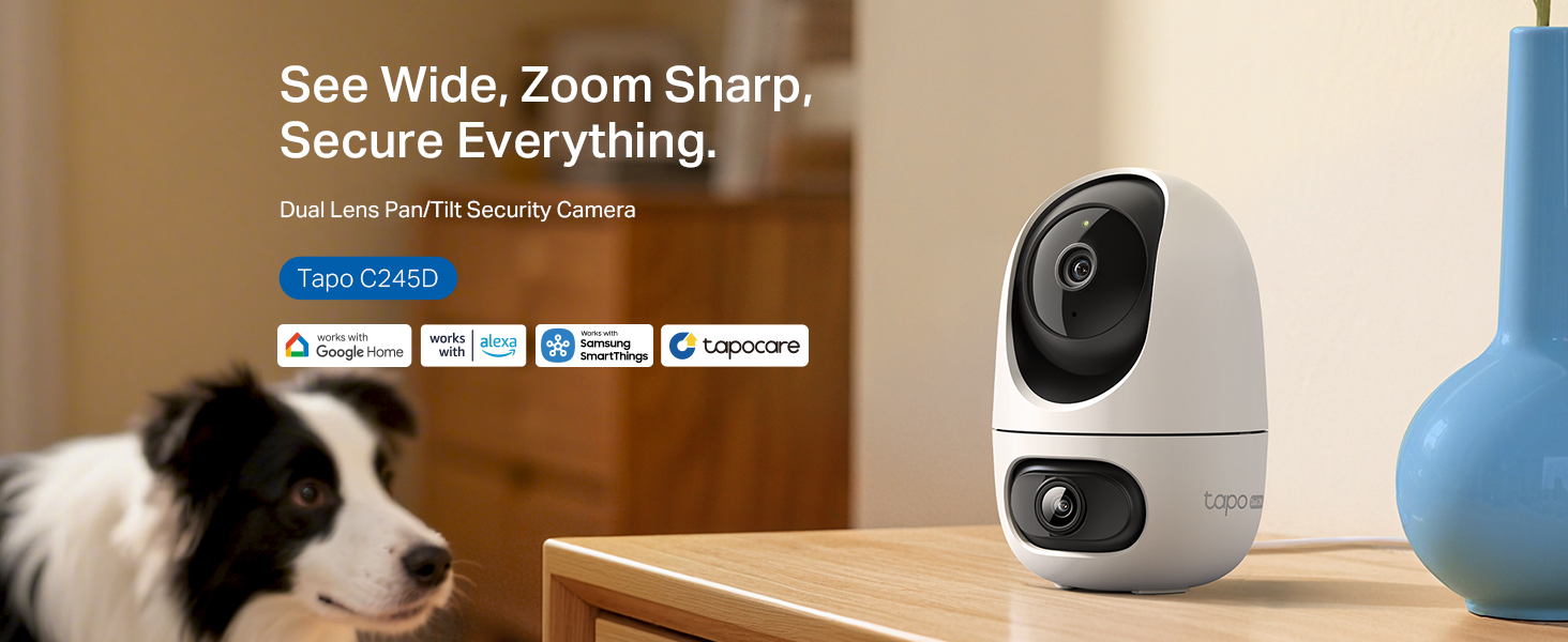 Text reads 'See Wide, Zoom Sharp, Secure Everything.' Security camera product showcase in home environment with multiple viewing angles.