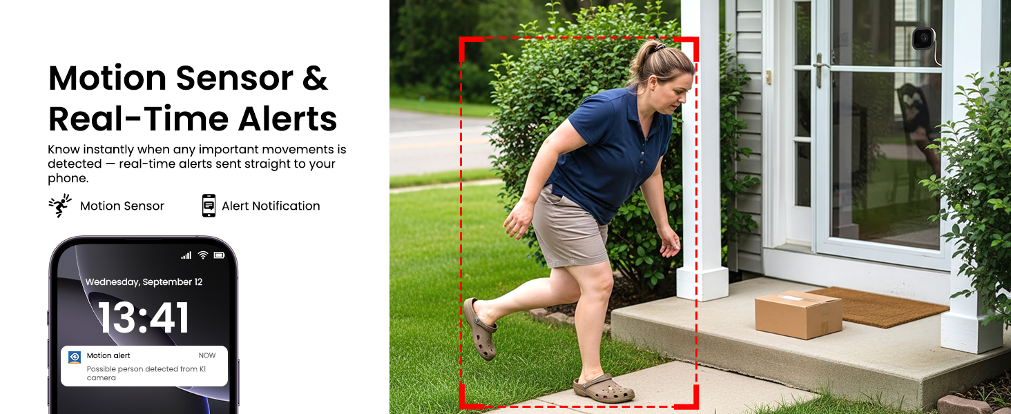 Text reads 'Motion Sensor & Real-Time Alerts' with time display '13:41'. Split-panel image shows motion detector device and child playing outdoors on patio.