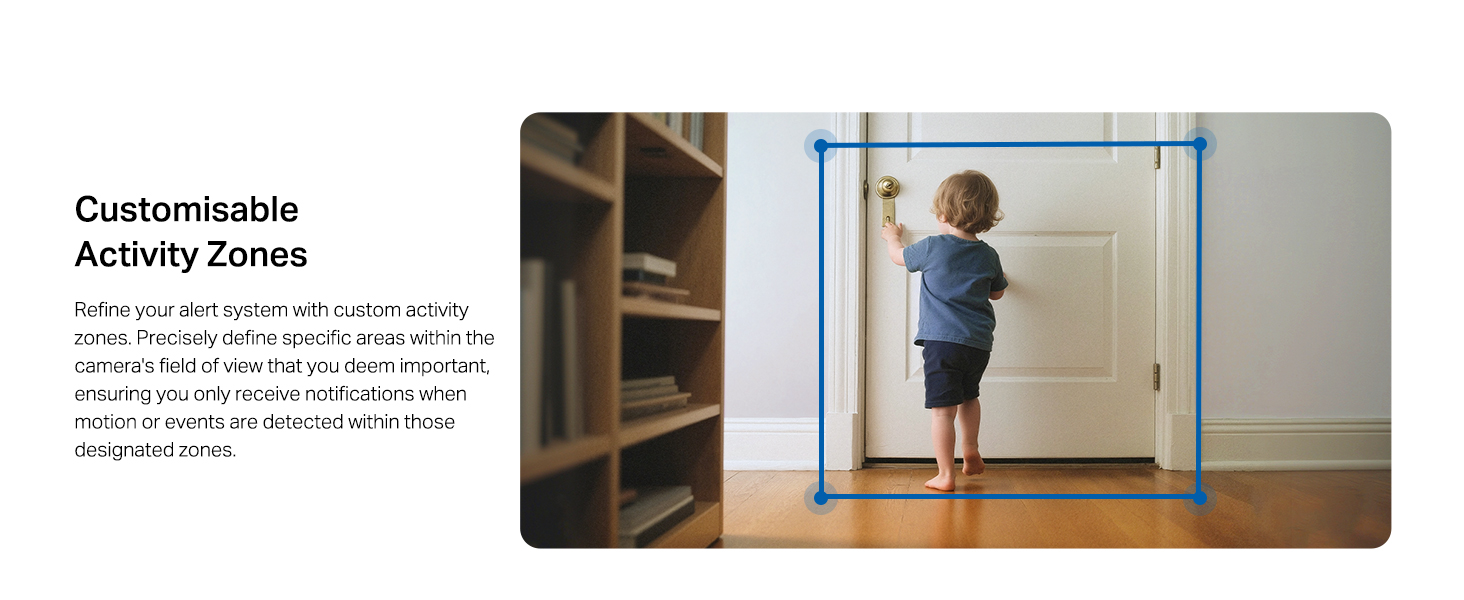 Text reads 'Customizable Activity Zones'. Security camera interface displaying a room with blue rectangular overlay marking detection area.