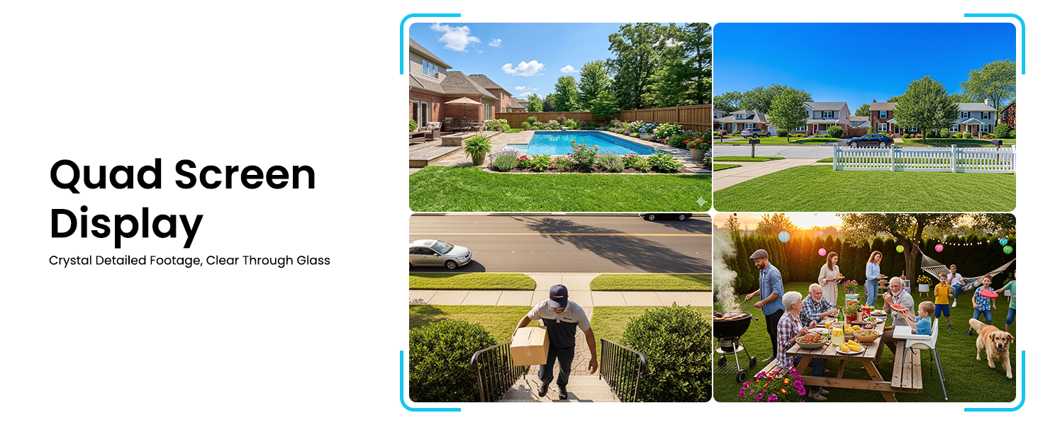 Text reads 'Quad Screen Display' with subtitle about smartphone or device capabilities. Four-panel grid displaying outdoor park scenes, garden landscapes, and social gathering photographs in bright daylight.