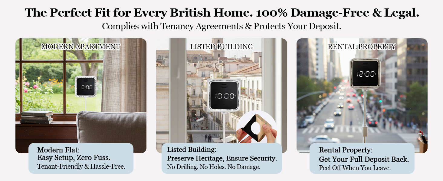 Text reads 'The Perfect Fit for Every British Home. 100% Damage-Free & Legal. Complies with Tenancy Agreements & Protects Your Deposit.' Composite showing interior home scenes with wall-mounted storage systems and organizational solutions for living spaces.