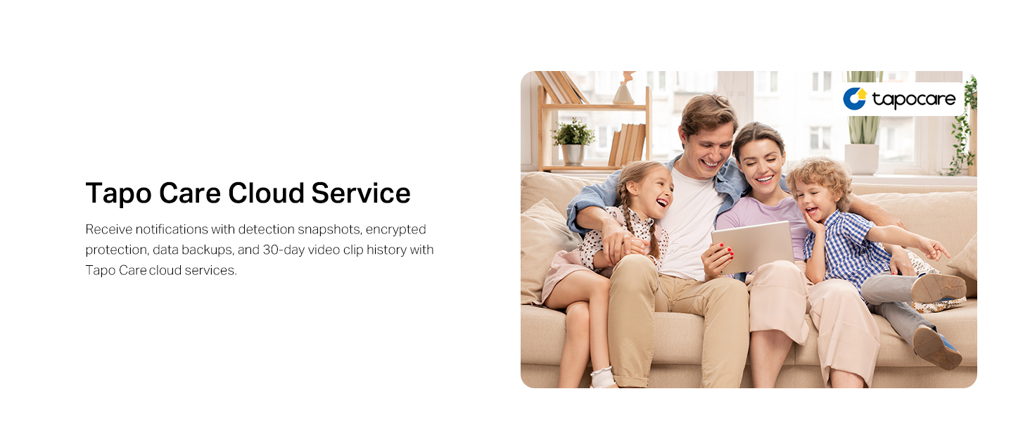 Text reads 'Tapo Care Cloud Service'. Marketing banner showing cloud storage service interface with multiple photos and device connectivity icons.