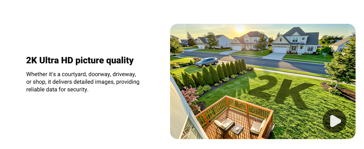 Text reads '2K Ultra HD picture quality'. Aerial view of suburban houses with well-maintained lawns and gardens, demonstrating high resolution image quality.