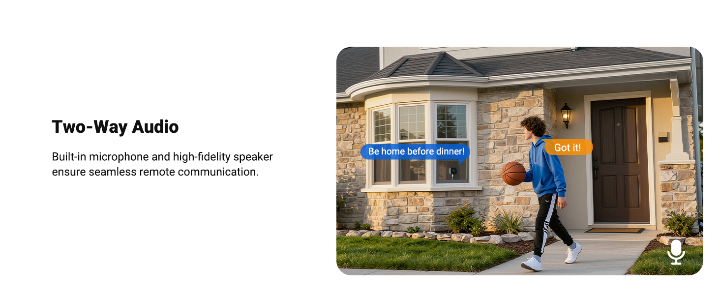 Text reads 'Two-Way Audio'. Scene showing residential exterior with person walking past window where blue security camera is mounted.