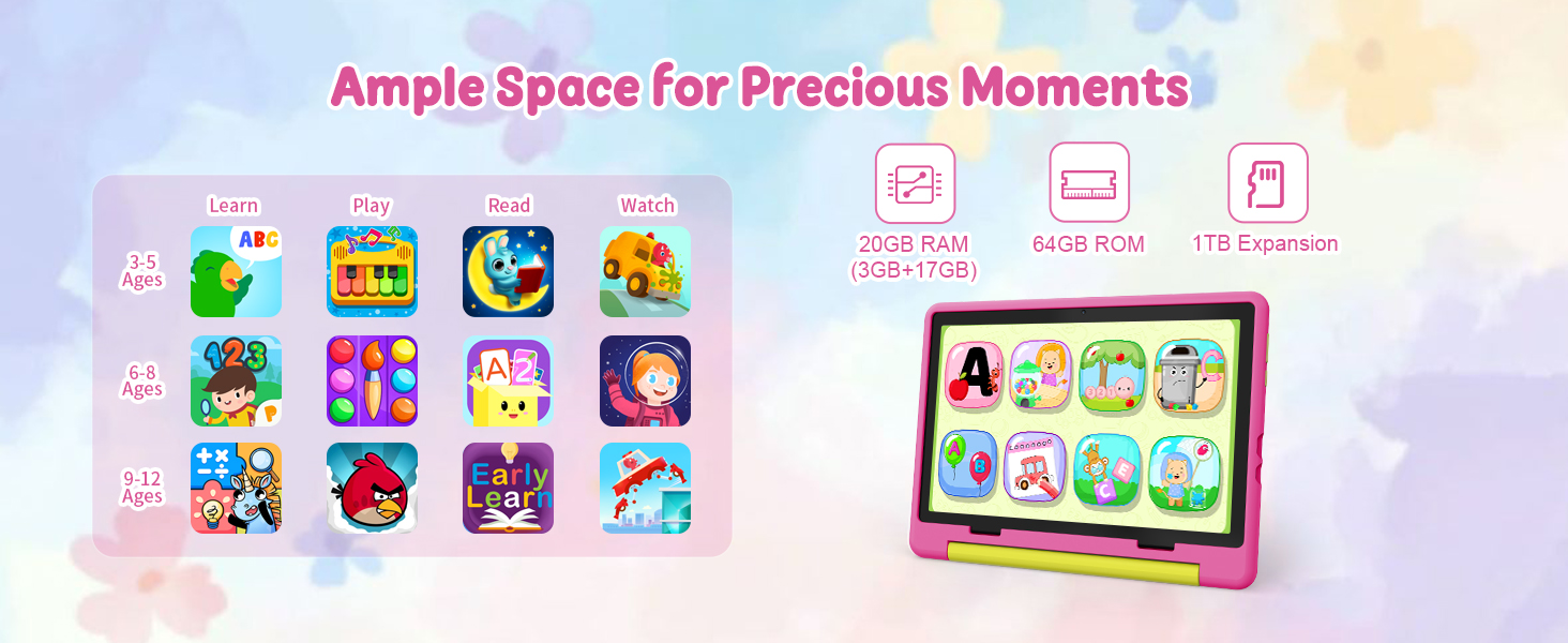 Text reads 'Ample Space for Precious Moments'. Colorful app icons displayed on pink and white tablet device screen showing various entertainment applications.
