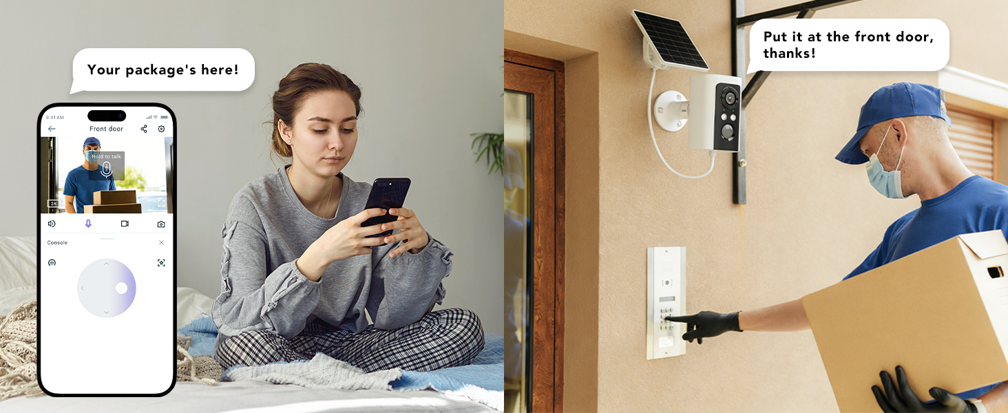 Text reads 'Your package's here!' and 'Yoohoo! You have one!' Split image showing man with phone indoors and person installing/mounting device on wall.