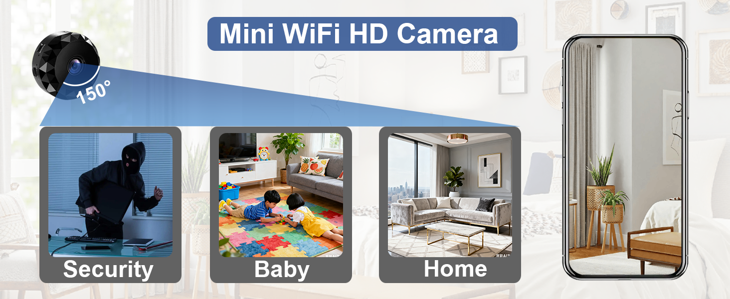Text reads 'Mini WiFi HD Camera' with four usage icons labeled 'Security', 'Baby', 'Home'. Black spherical mini camera shown with product box display featuring multiple application scenarios.