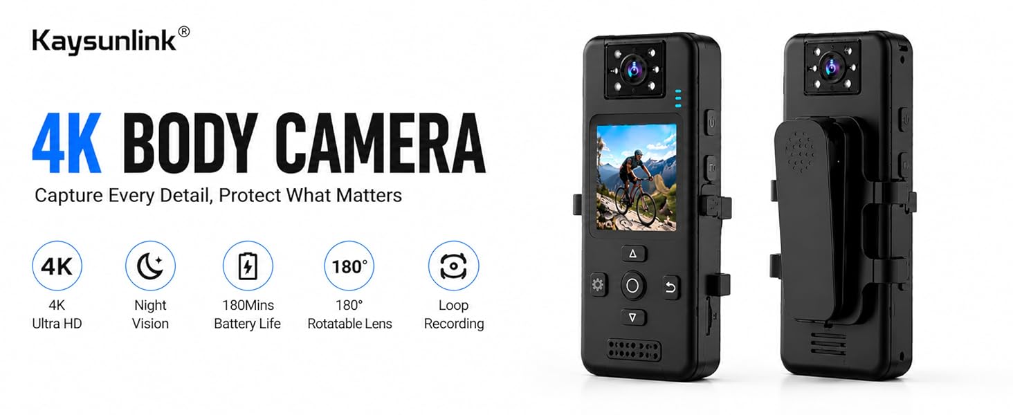 Text reads 'Kaysurlink®', '4K BODY CAMERA', 'Capture Every Detail, Perfect What Matters', '4K', '2.0