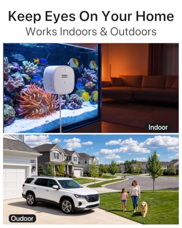 Black compact camera or recording device mounted on window with adhesive mount. Smartphone displays video feed above showing outdoor residential scene.