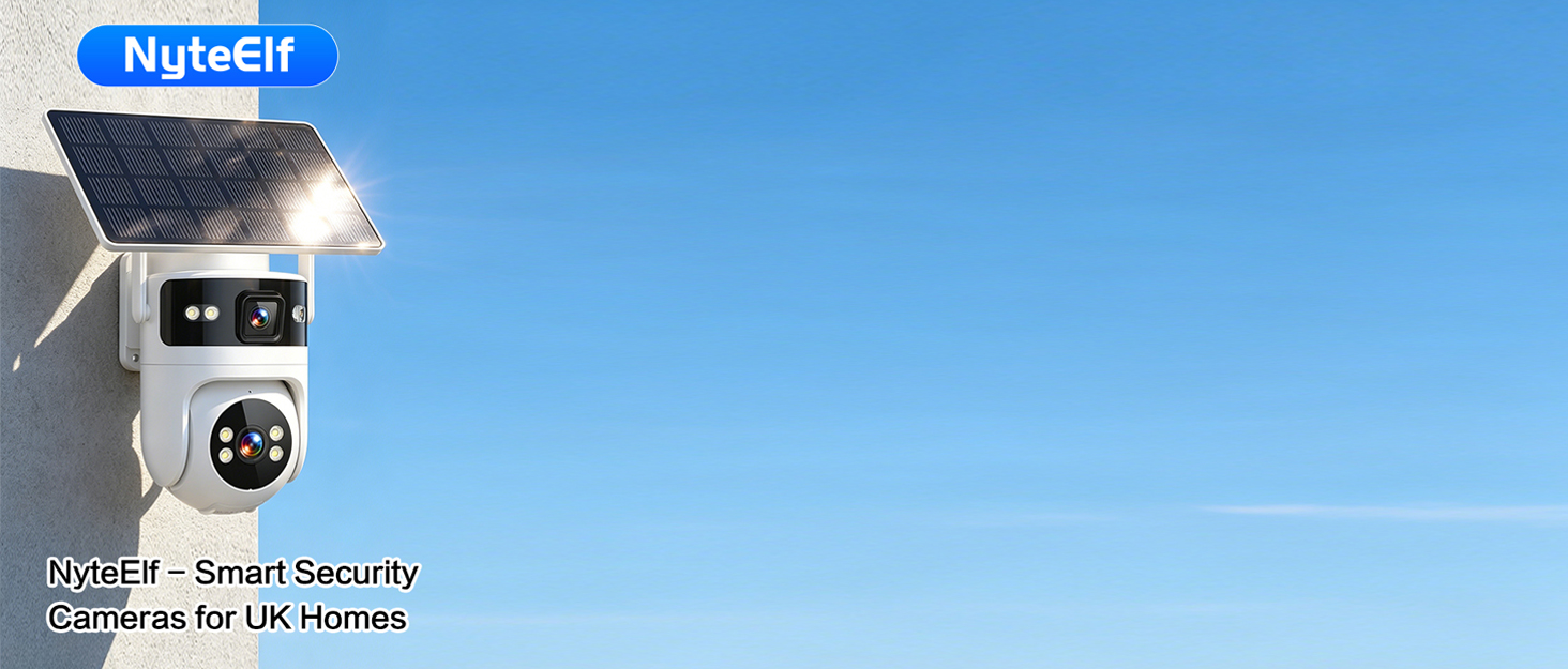 Text reads 'NutterGo' with 'Smart Security' tagline. Image shows security camera device with blue sky background and 'for All Homes' text visible.