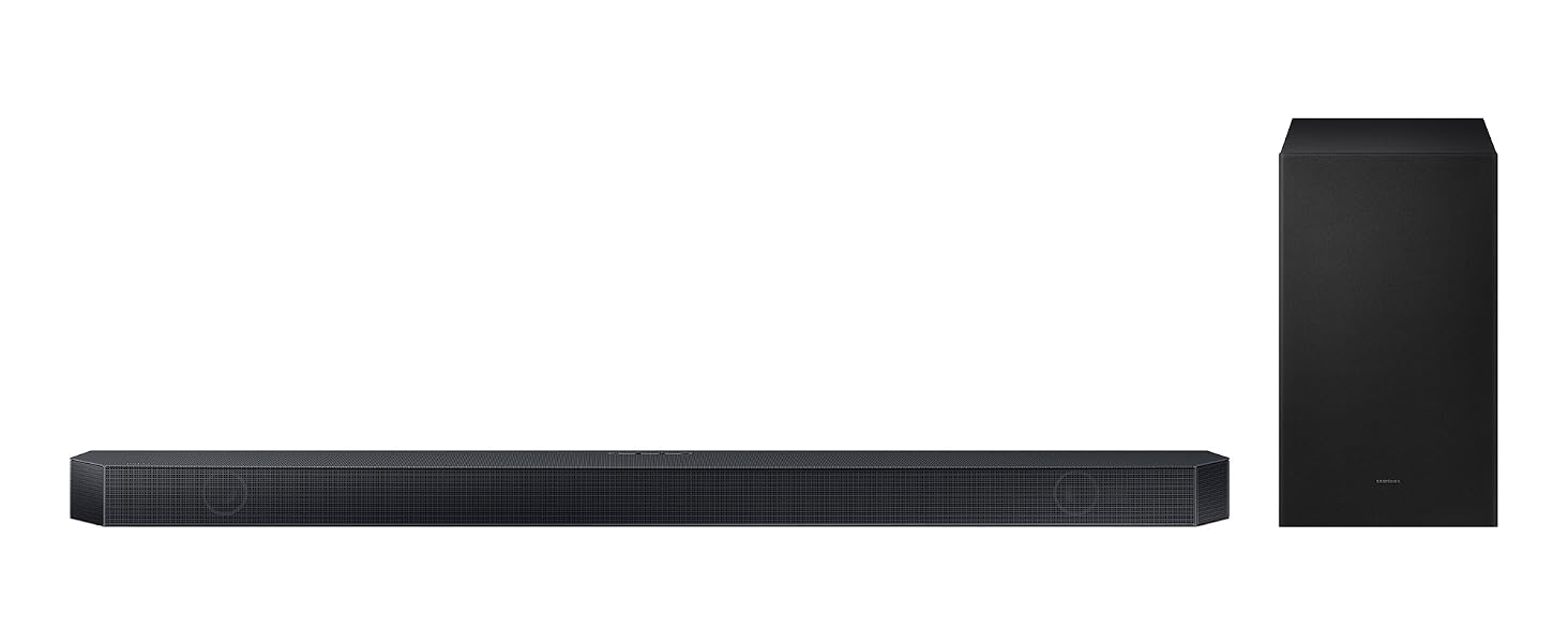 Black soundbar positioned horizontally next to a black upright subwoofer against white background. Audio speaker system with sleek modern design.