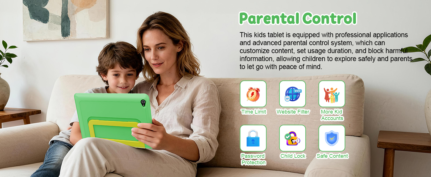 Text reads 'Parental Control'. Adult and child using green tablet device together on couch. Interface icons visible showing app controls and monitoring features.