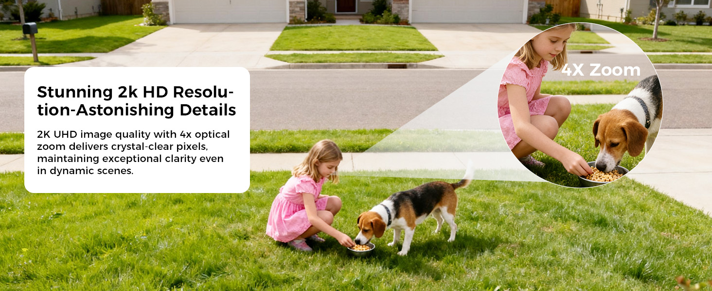 Text reads 'Stunning 2S HD Lawn Mowing Lawn Astonishing Details' with descriptive text about lawn care. Image shows children using lawn care equipment on residential grass with suburban home and driveway background.