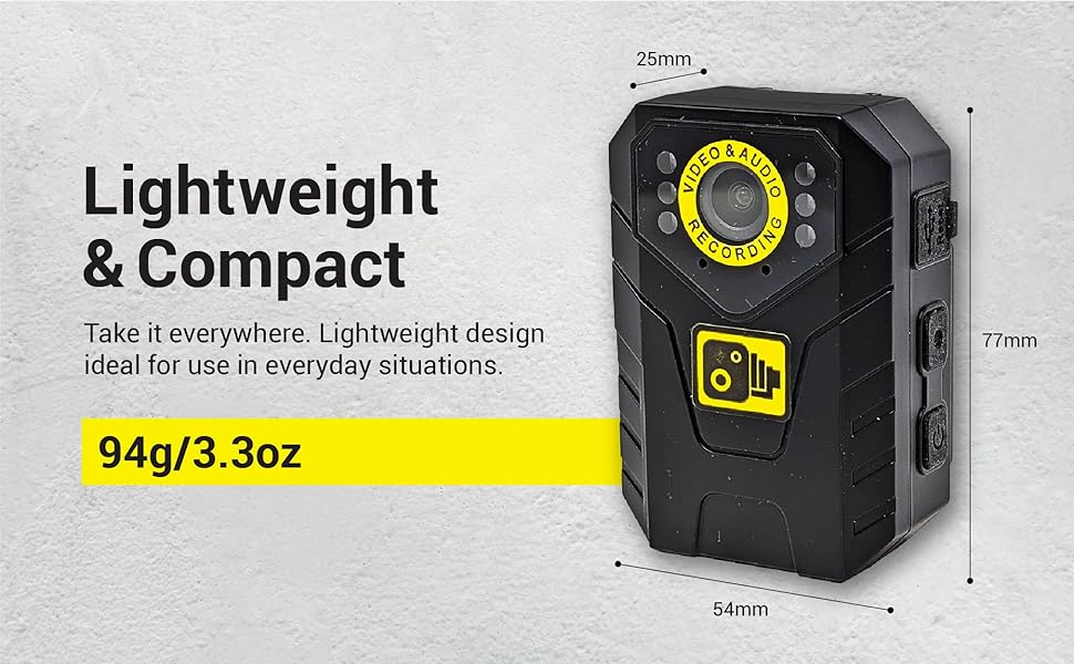Text reads 'Lightweight & Compact' and '94g/3.3oz'. Black compact device with yellow accents, circular dial, and measurement indicators showing dimensions on side panel.