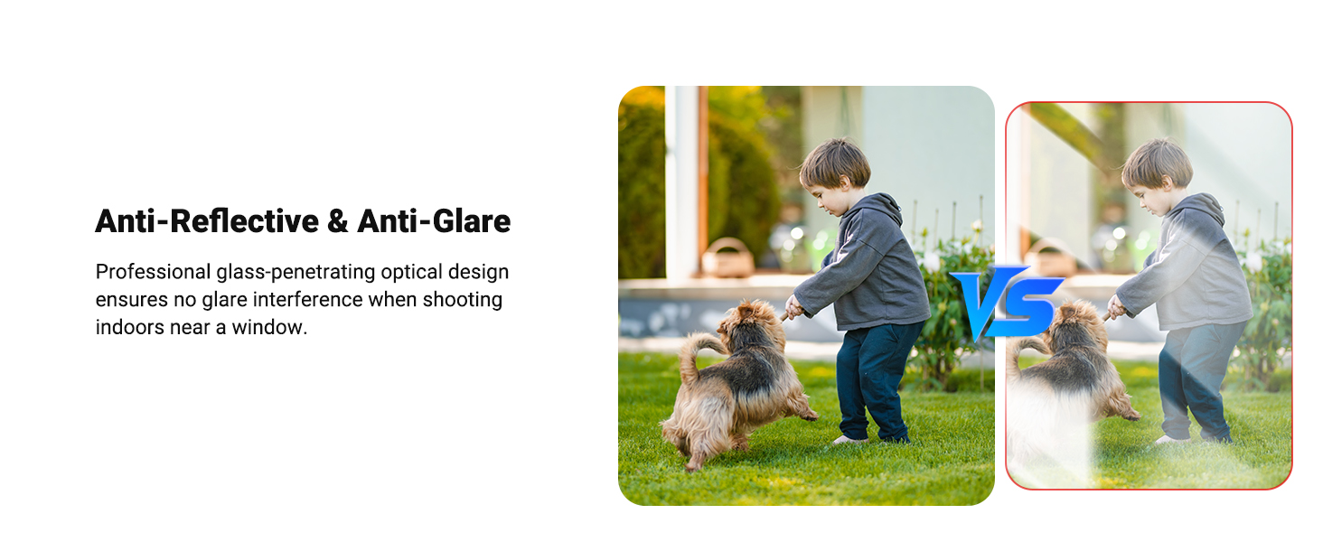 Text reads 'Anti-Reflective & Anti-Glare'. Two-panel image showing outdoors scenes with comparative visibility demonstration.