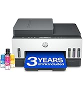 Text reads '3 YEARS WARRANTY'. Gray printer with blue warranty badge label displayed front-center, accompanied by colored product bottles arranged at base.