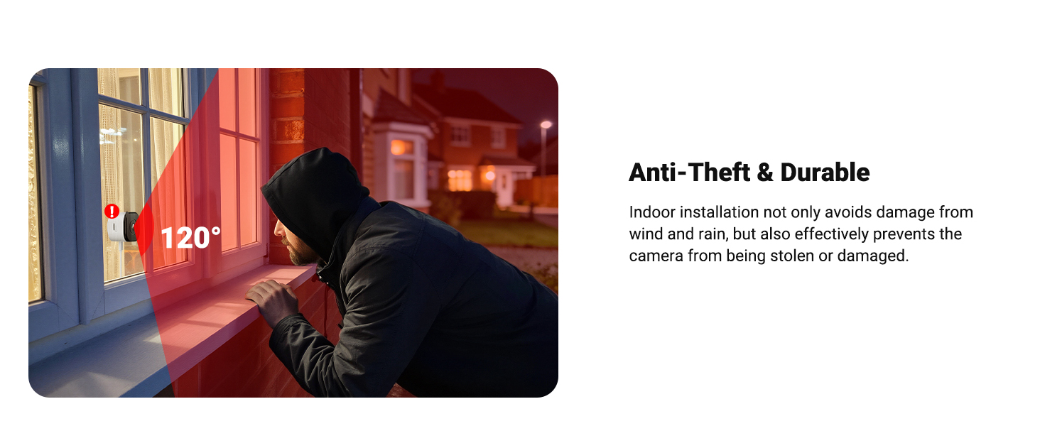Text reads 'Anti-Theft & Durable'. Dark image showing silhouette of person near building with red lighting, appears to be security-related visual.