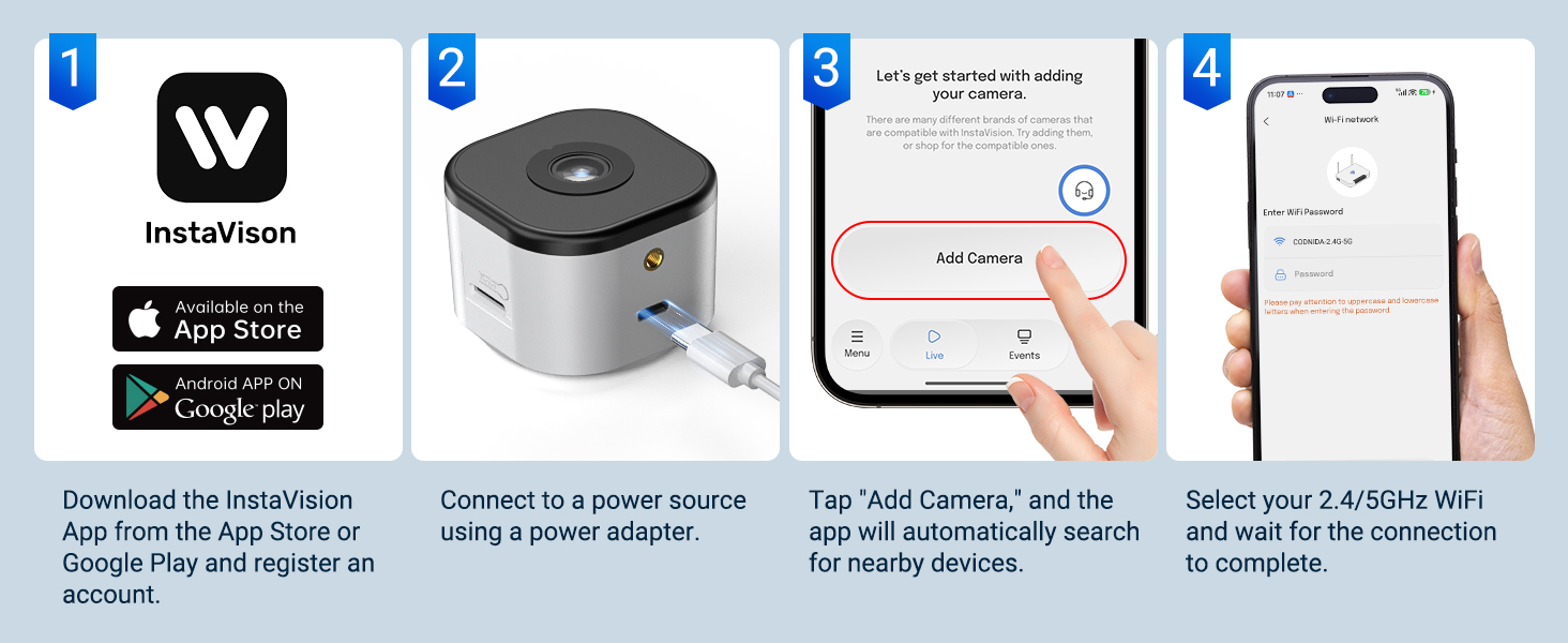 Text reads: 'InstaVision', 'App Store', 'Google Play'. Four-panel instruction guide showing app download, power source connection, camera setup, and WiFi connection steps.