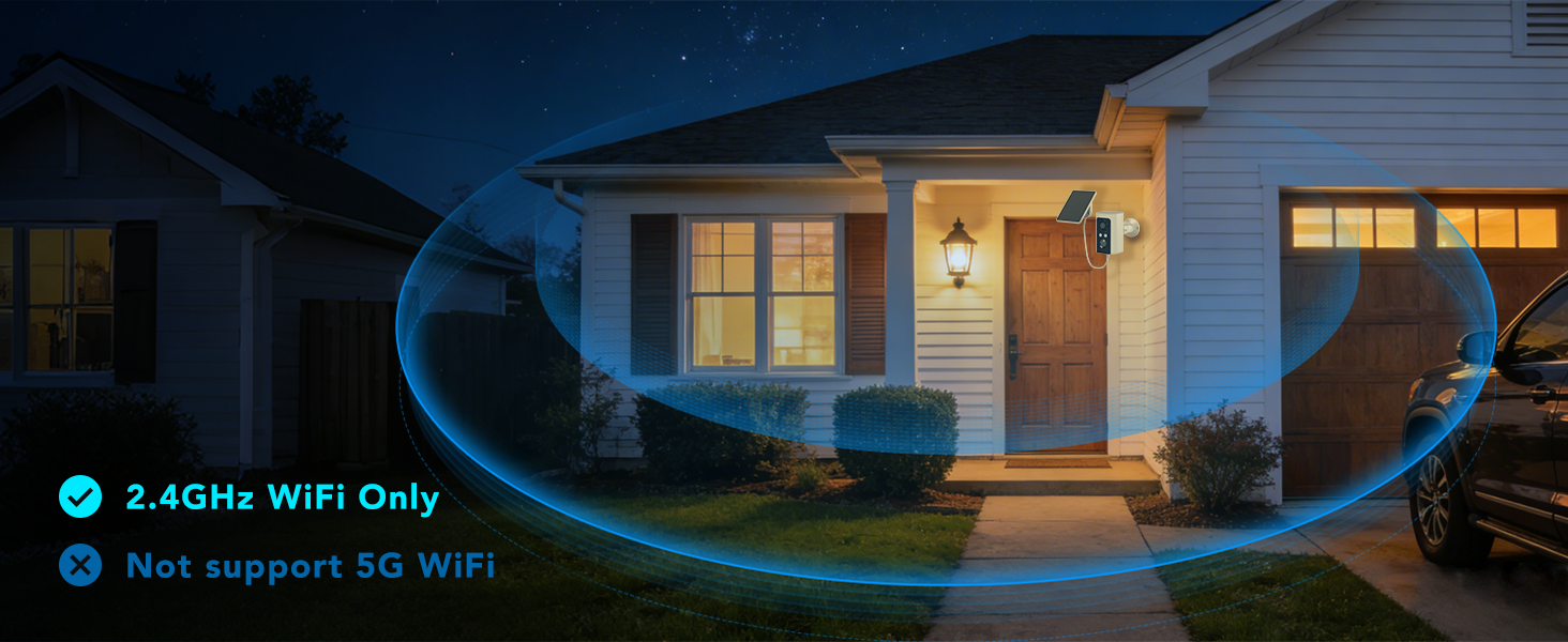 Text reads '2.4GHz WiFi Only' and 'Not support 5G WiFi'. Evening house exterior with blue ambient WiFi signal wave graphics overlaid, indicating wireless coverage demonstration.