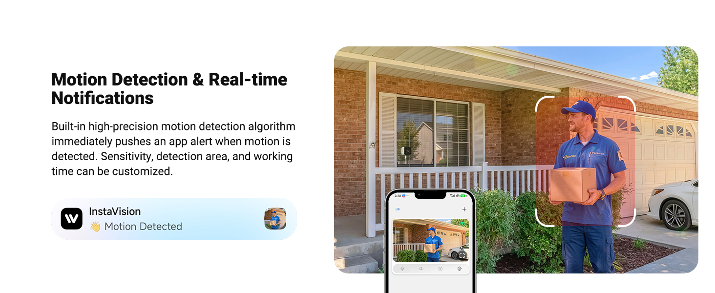 Text reads 'Motion Detection & Real-time Notifications' with security system interface screenshots and exterior home monitoring views. Shows notification features and system capabilities.
