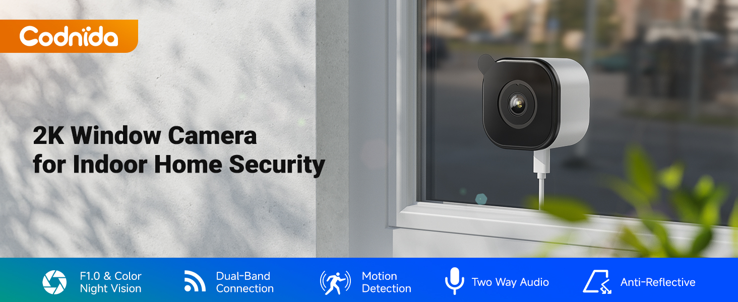Text reads 'Codrkidd 2K Window Camera for Indoor Home Security'. Security camera interface showing multiple monitoring features and icons.