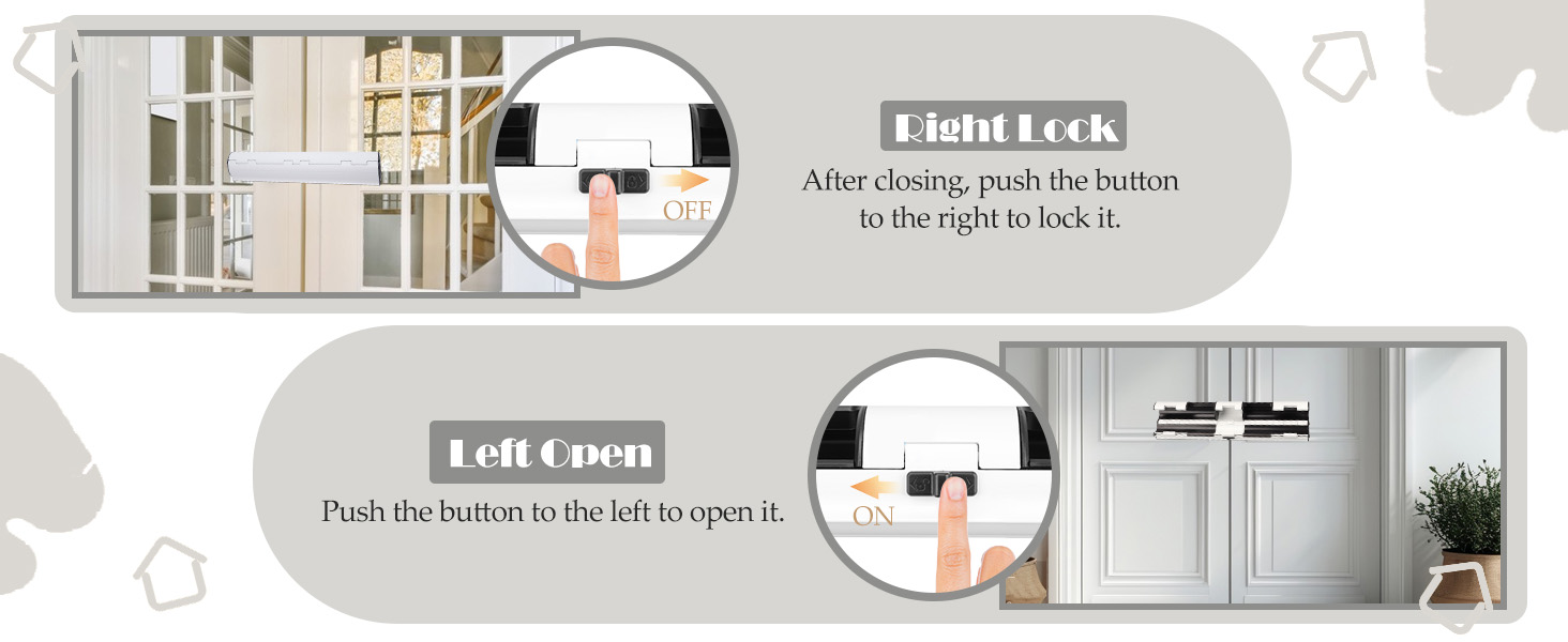 Infographic showing cabinet door operation. Top panel: 'Right Lock' with finger pushing button. Bottom panel: 'Left Open' with finger pushing button to open cabinet.