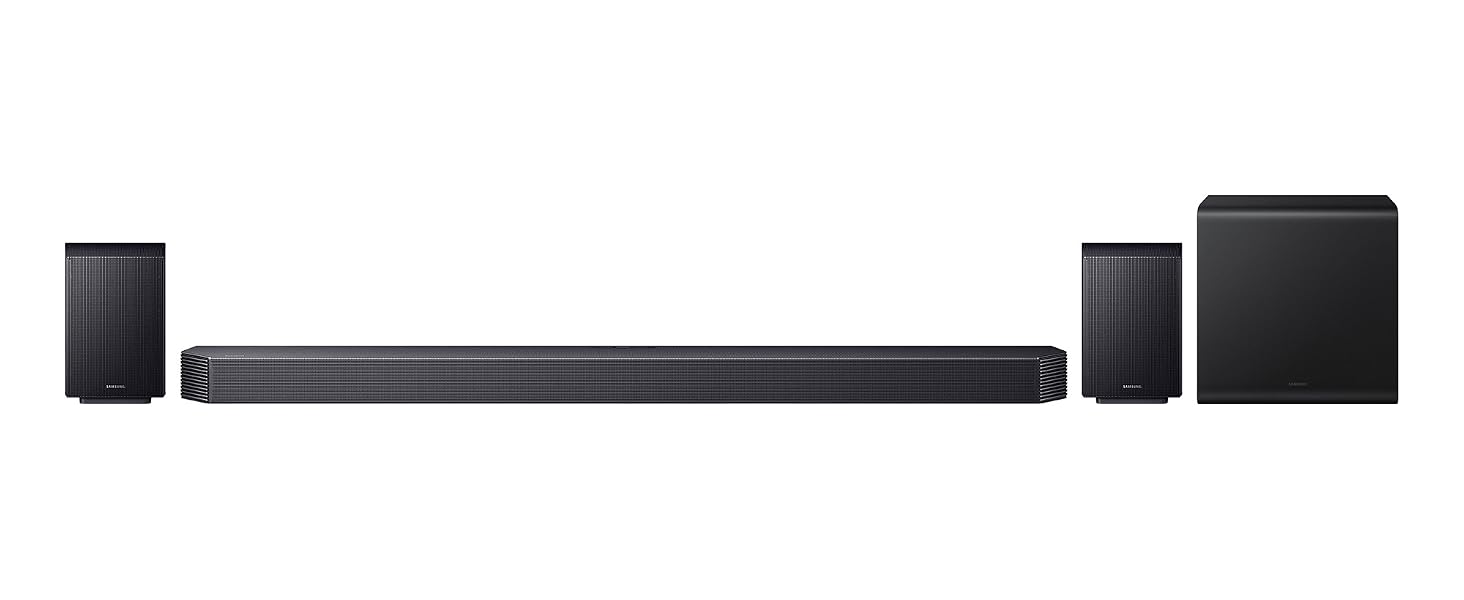 Soundbar system with five components: center soundbar, two bookshelf speakers on sides, and two additional black speakers, arranged in a row configuration.