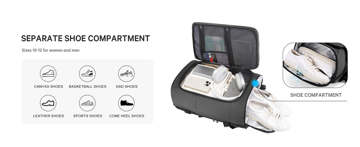 Text reads 'SEPARATE SHOE COMPARTMENT' with product icons. Black toiletry travel organizer bag with multiple compartments shown open, displaying internal organization features and shoe storage section.