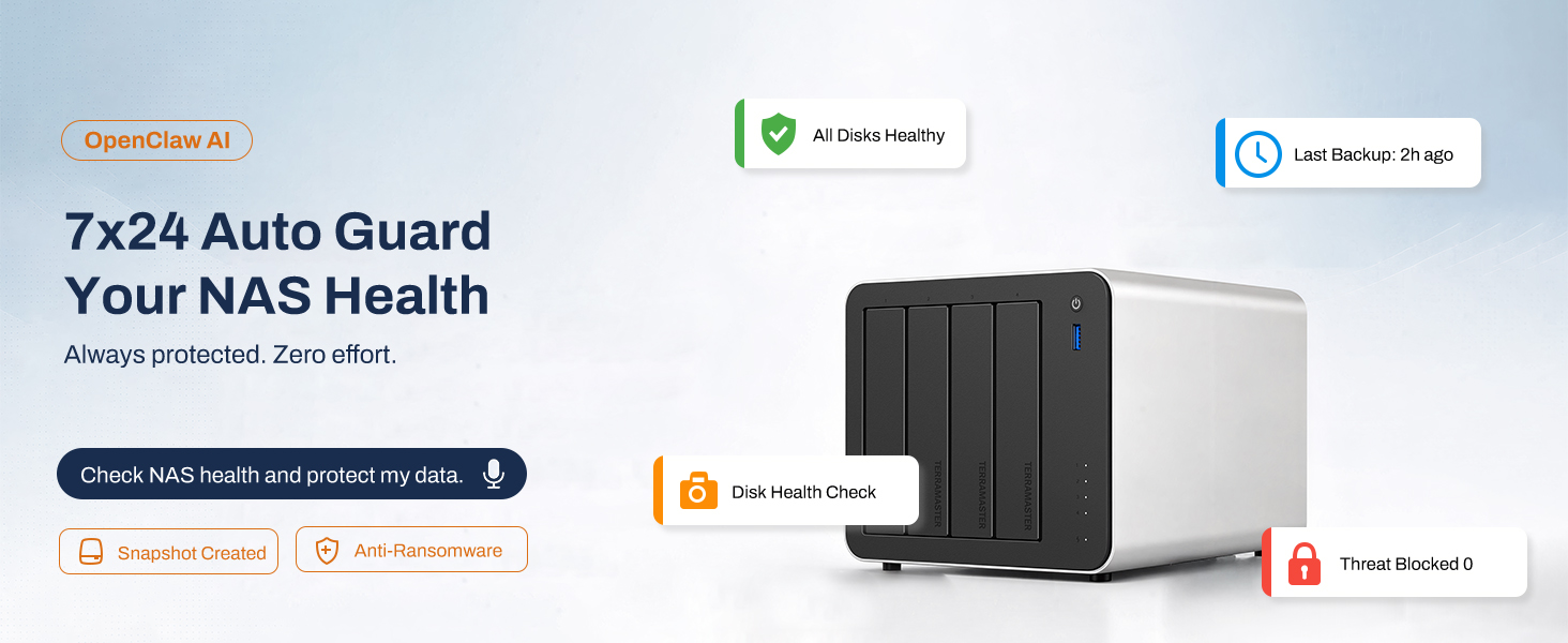 Text reads 'Securepoint 4.1', '7x24 Auto Guard Your NAS Health', 'Protect your NAS 24/7 from risks', and 'Real-time status dashboard combo'. Two black and white network storage devices with orange and blue security feature icons displayed.