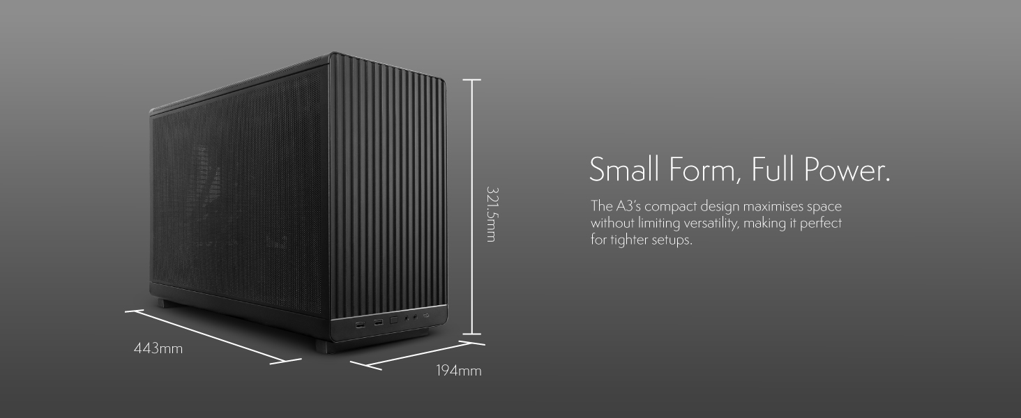 Black cube-shaped computer case with vertical ribbed design, full-panel construction, and modern minimalist aesthetic against gray background.