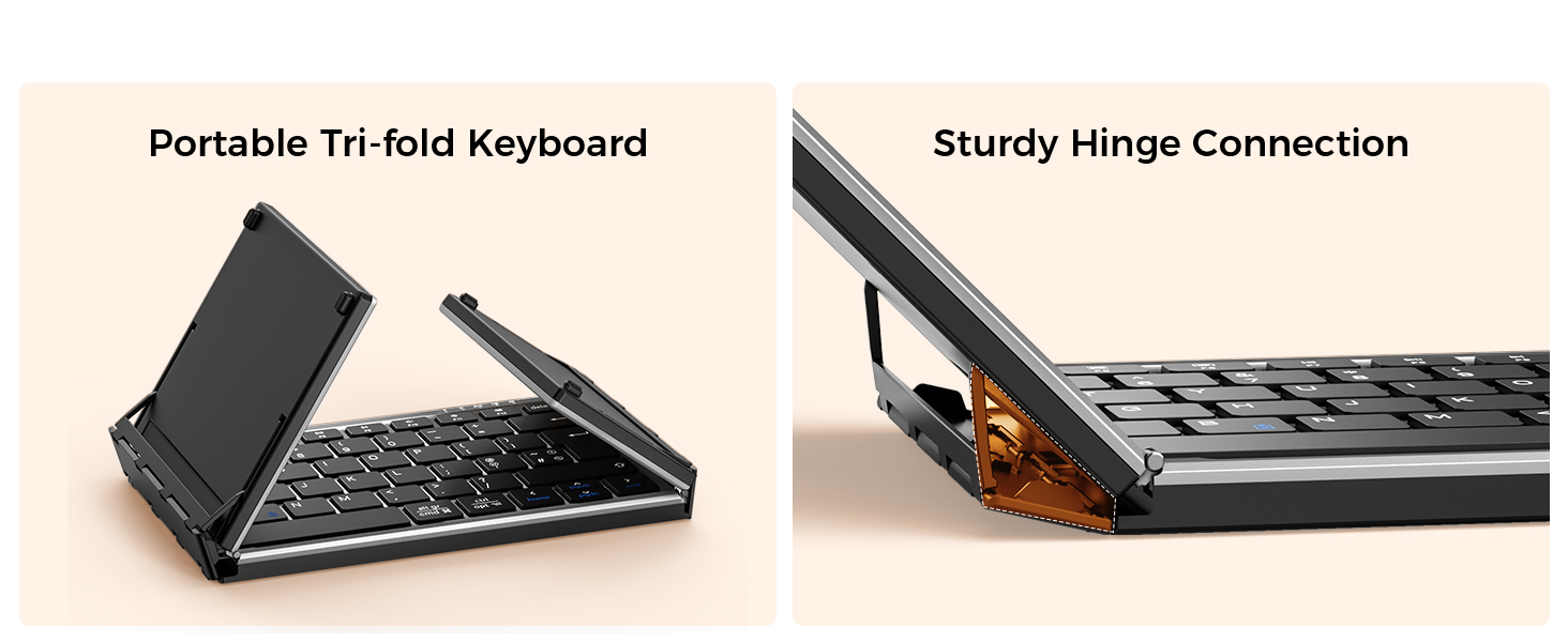 Text reads 'Portable Tri-fold Keyboard' and 'Sturdy Hinge Connection'. Black portable keyboard shown in folded position and with stand mechanism demonstrated.